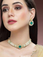 Load image into Gallery viewer, Karatcart Lime Green Beads and Pearl Beaded Green Polki Kundan Choker Necklace Set
