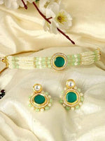 Load image into Gallery viewer, Karatcart Lime Green Beads and Pearl Beaded Green Polki Kundan Choker Necklace Set
