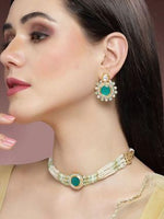 Load image into Gallery viewer, Karatcart Lime Green Beads and Pearl Beaded Green Polki Kundan Choker Necklace Set
