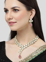 Load image into Gallery viewer, Karatcart Gold Plated Pink Drop Shape Carved Stone and Kundan Studded Necklace Set
