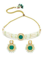 Load image into Gallery viewer, Karatcart Lime Green Beads and Pearl Beaded Green Polki Kundan Choker Necklace Set
