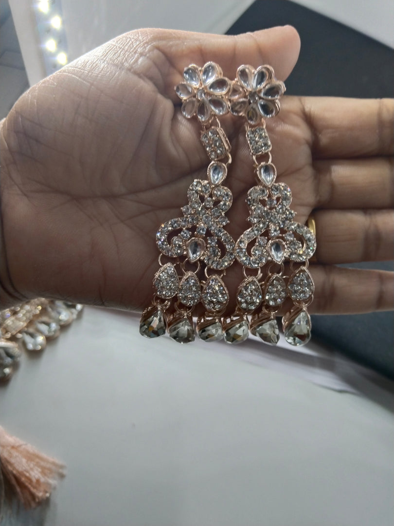 "White-Shaded Heavy Bridal Necklace Set with Long Earrings and Maang Tikka"