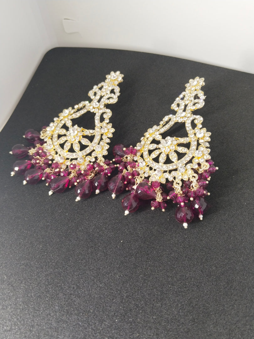 Golden Party Wear Earrings with Stone and Beaded Detailing - Luxurious Heavy Design