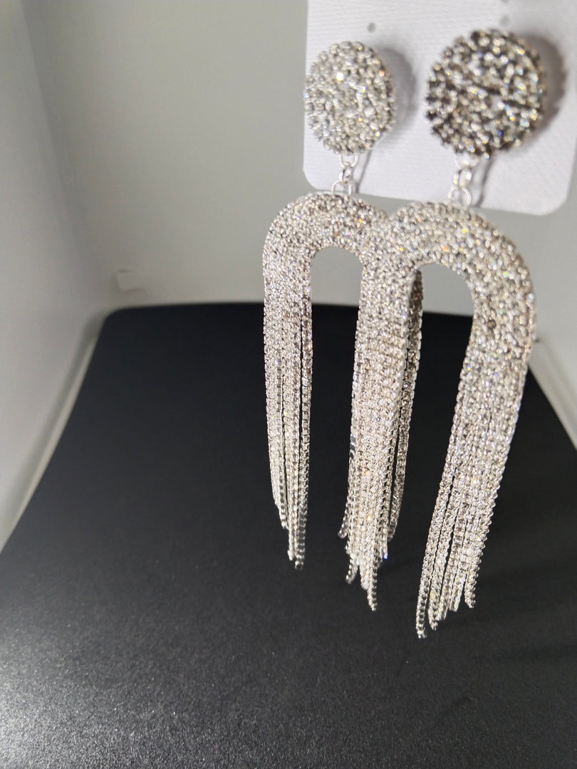 Shimmering Tassel Drop Earrings - Glittering Silver Finish with Elegant Fringe Design