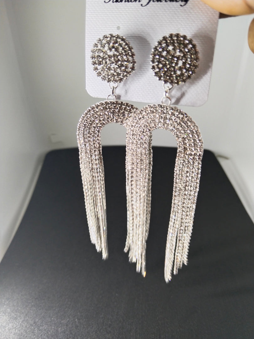 Shimmering Tassel Drop Earrings - Glittering Silver Finish with Elegant Fringe Design