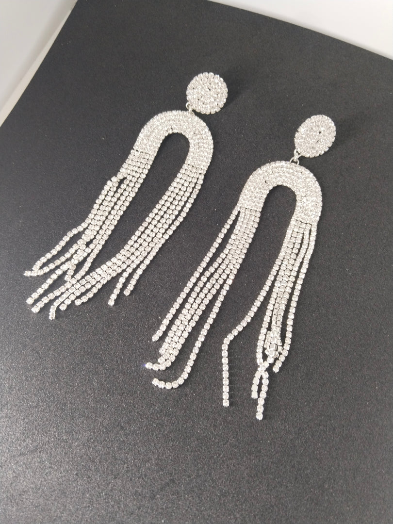 Shimmering Tassel Drop Earrings - Glittering Silver Finish with Elegant Fringe Design