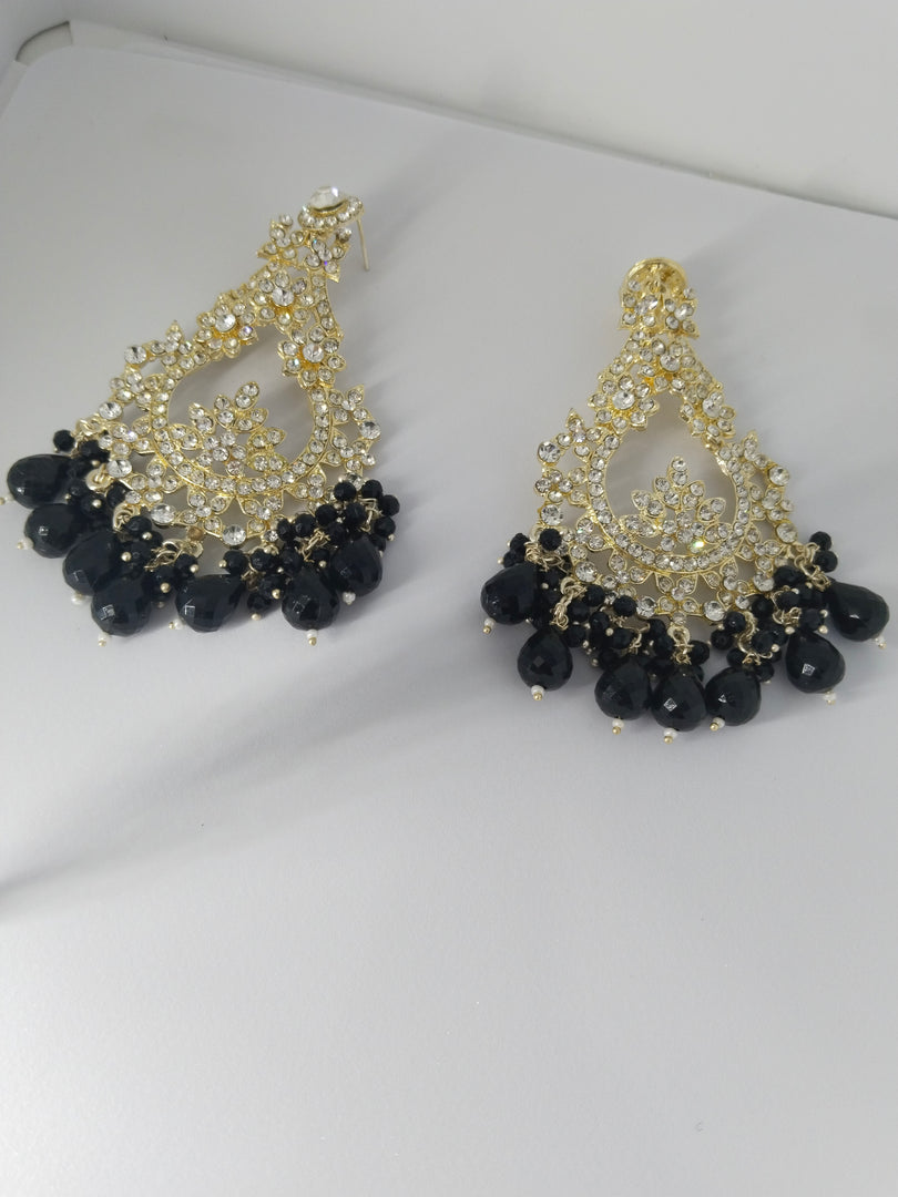 Golden Party Wear Earrings with Stone and Beaded Detailing - Luxurious Heavy Design