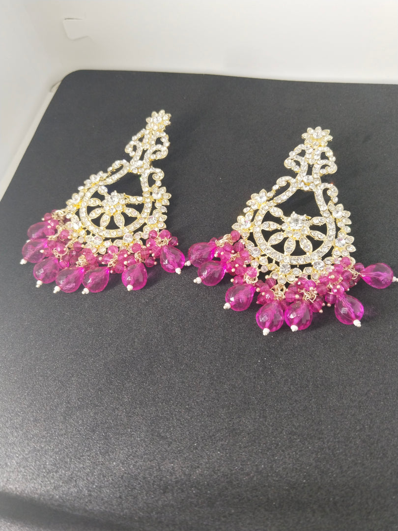 Golden Party Wear Earrings with Stone and Beaded Detailing - Luxurious Heavy Design